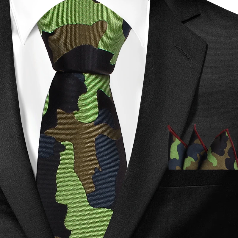 Классические камуфляжные галстуки на шею и карманные Квадратные наборы для мужчин Повседневный тонкий галстук и носовой набор Gravatas Skinny men s