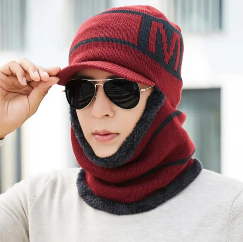 Бургундия Winter Men Hat And Scarf Set Male Warm Plush Hooded Cap Scarves With Brim Knit Visor Beanies Balaclava Adult Stripe Bonnet - Цвет: Бургундия