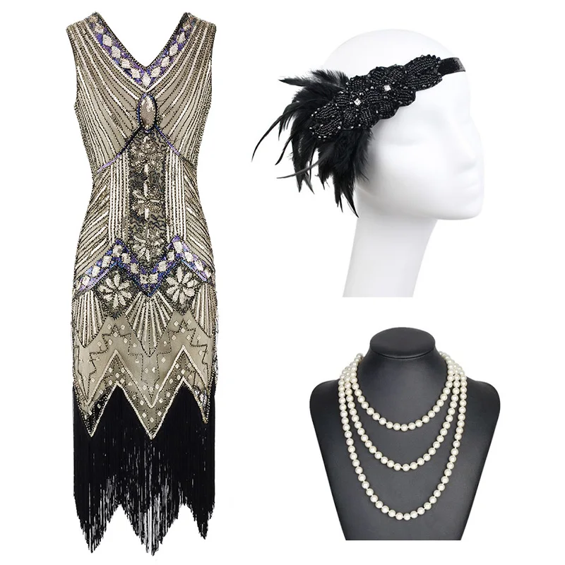 Online Pluse Größe 1920s Flapper Kleid Great Gatsby Party Abend Pailletten Perlen Fransen Vintage V Neck frauen Kleider Kleid
