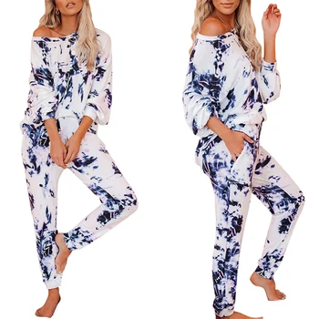 

Tie Dye O-Neck Pajama Set Autumn And Winter Pullover Pajama For Women Warm Long Sleeves White Home Clothe