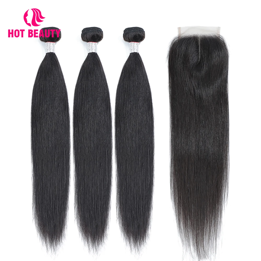 

Hot Beauty Hair Peruvian Straight Human Hair Bundles With Lace Closure Three /Middle/Free Part Pre Plucked Remy Hair Extension
