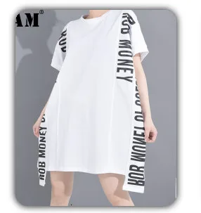 [EAM] Wide Leg Pants Striped Two Piece Suit New Round Neck Short Sleeve Black Loose Fit Women Fashion Spring Autumn 2020 JW5910