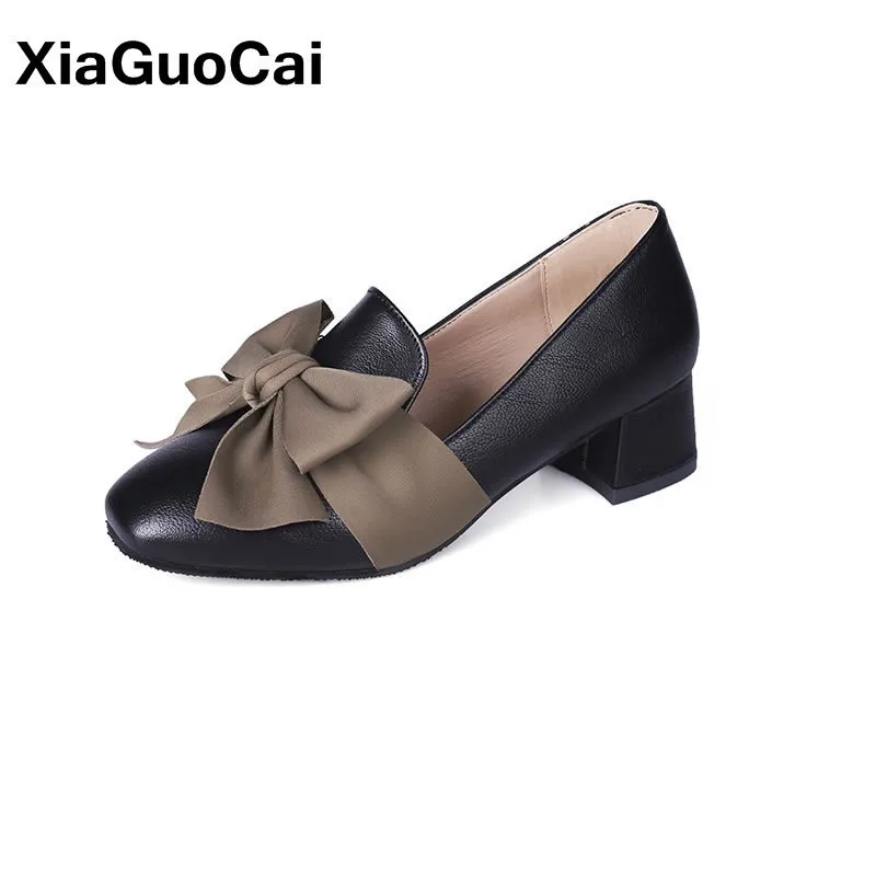 

High Heels Women Shoes Spring Autumn Slip-on PU Leather Female Pumps Bowknot Thick Square Heel Mature Ladies Single Footwear