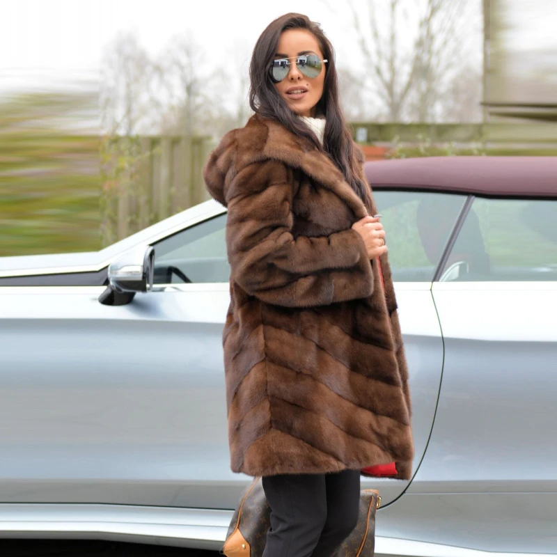 FURSARCAR Fashion New Women Brown Real Mink Fur Jacket And Coat With Hood Luxury Female Winter Thicken Genuine Fur Clothing