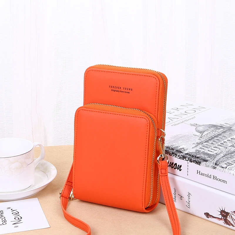 new wallet Korean version of the fashion large capacity oblique cross-pack solid color multifunctional mobile phone bag fem - Цвет: Оранжевый