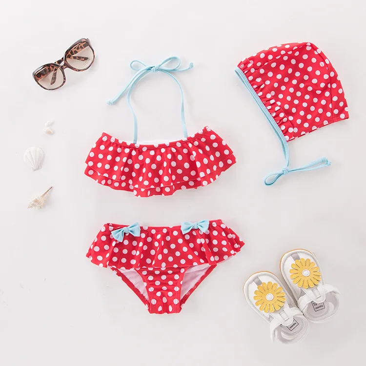 

Short in Size Processing Girls' Two-piece Swimsuit Red Dots Bow with Hat-KID'S Swimwear Hot Springs Clothing
