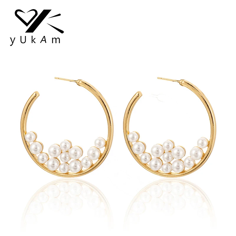 YUKAM, белые бусины из искусственного жемчуга, большие круглые серьги-кольца, креольские женские золотые серьги с открытой петлей, Винтажные Ювелирные Изделия