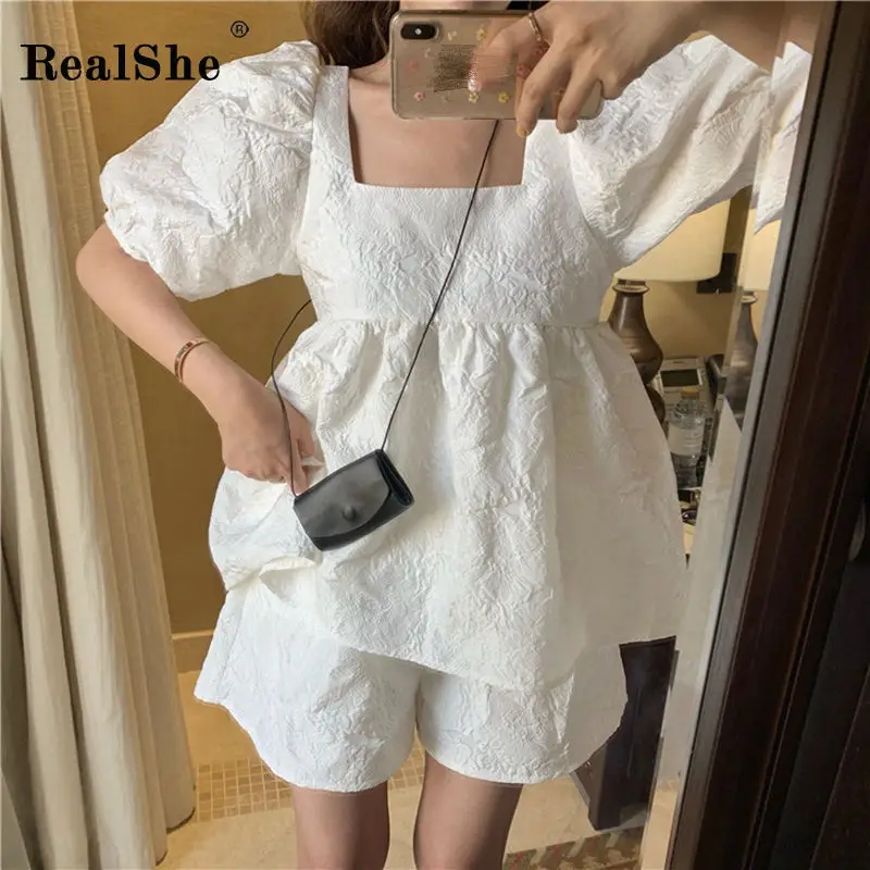 RealShe, комплект из 2 предметов, женские рубашки,, квадратный воротник, рукав-фонарик, женская рубашка и свободные шорты, Весенняя Повседневная блуза для женщин - Цвет: Белый