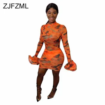 

Sexy Club Printed Mesh Dress Women Flare Sleeve Perspective Bandage Dress Plus Size Party Club Turtlenecks Bodycon Mini Dresses