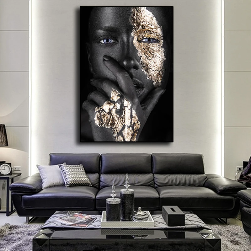 Scandinavian Decorative Paintings African Art Black and Gold Woman