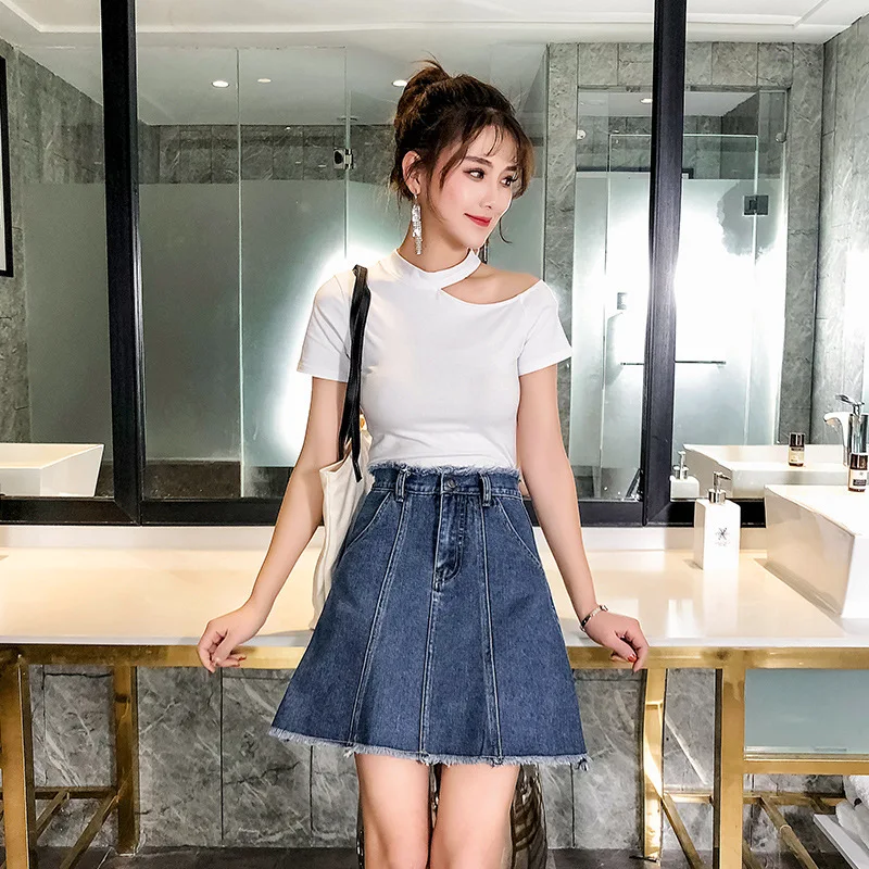 

Korean-style 2019 Spring And Summer New Style Loose-Fit High-waisted Denim Skirt A- line Skirt Large Size 200 of Fat Mm