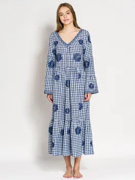 

Summer Bohemian travel beach dress nepalese national style embroidered dress V neck plaid loose plaid dress