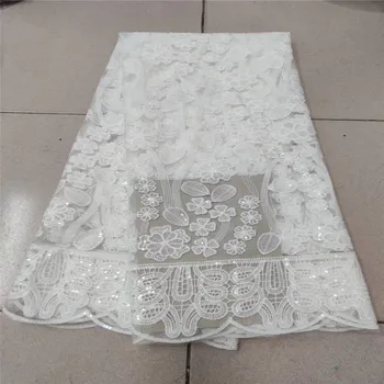 

2020 African Net Lace Fabric, High Quality Elegant White Sequins Nigerian Wedding Lace Fabrics 5Yards Sequins French Tulle lace