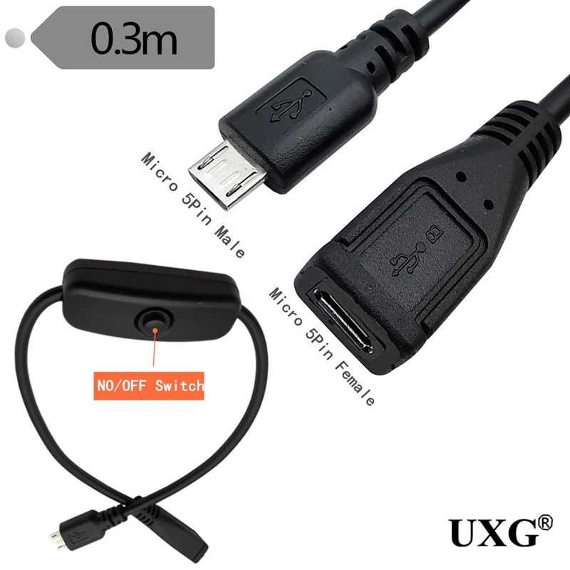 

USB micro 5P male-to-female USB cable with on / off switch,USB 2.0 extended push-in key switch cable 0.3m