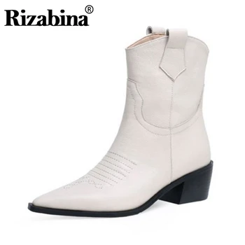 

RIZABINA Square Heels Casual Pointed Toe Real Leather Mid Calf Boots Daily Fashion Simple Office Ladies Footwear Size 34-43