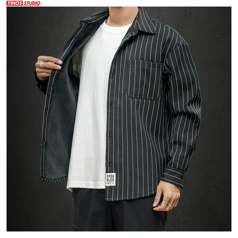 

Dropshipping Men's Striped Shirts Autumn Winter Plus velvet Long Sleever Blouse 2020 Japanese Man Keep Warm Thicken Shirt