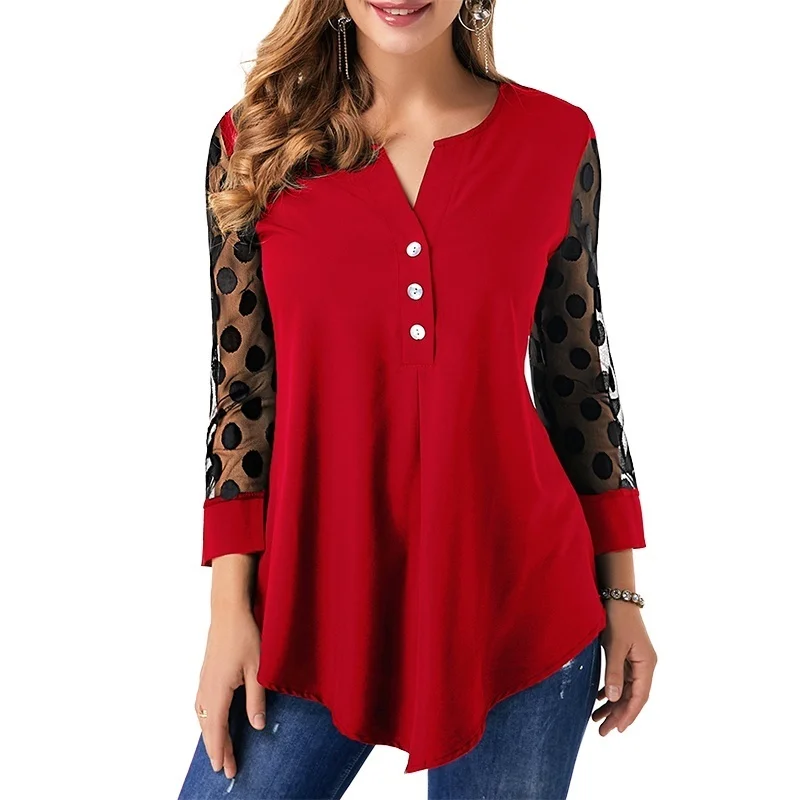 

Vicabo Women Dot Patchwork Button Irregular Hem Blouse Female Long Sleeve Shirt Top Ladies Sexy V-neck Fashion Plus Size Blouses