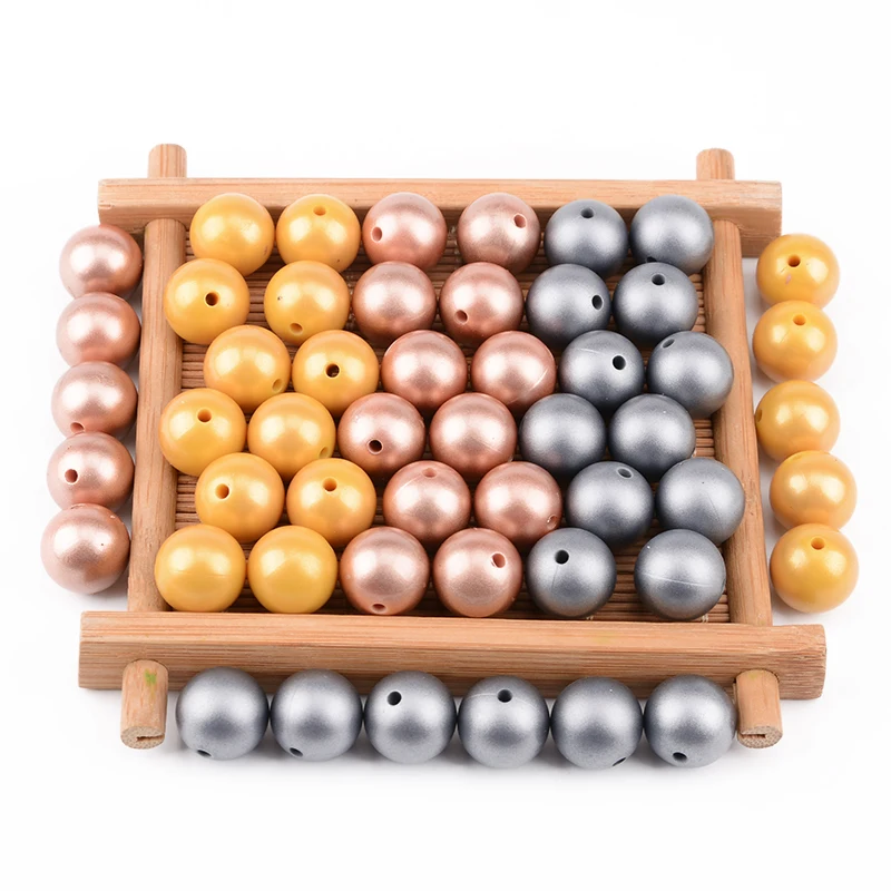 Silicone Beads 10Pcs Metallic Silver/Gold Print 12/15/19mm Copper Print Teething Beads DIY Jewelry BPA Free Pacifier Clip Making