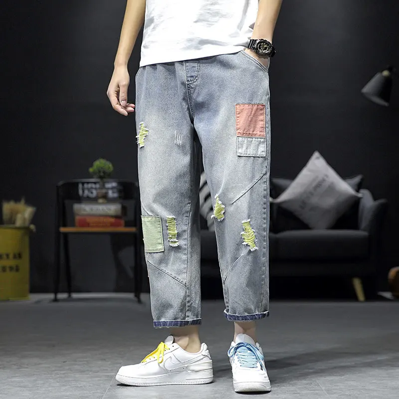 Great Value Shattered Patch Jeans Men's Fashion Retro Casual Stretch Waist Jean Pants Men Streetwear Loose Hip Hop Denim Trousers Mens M-5XL