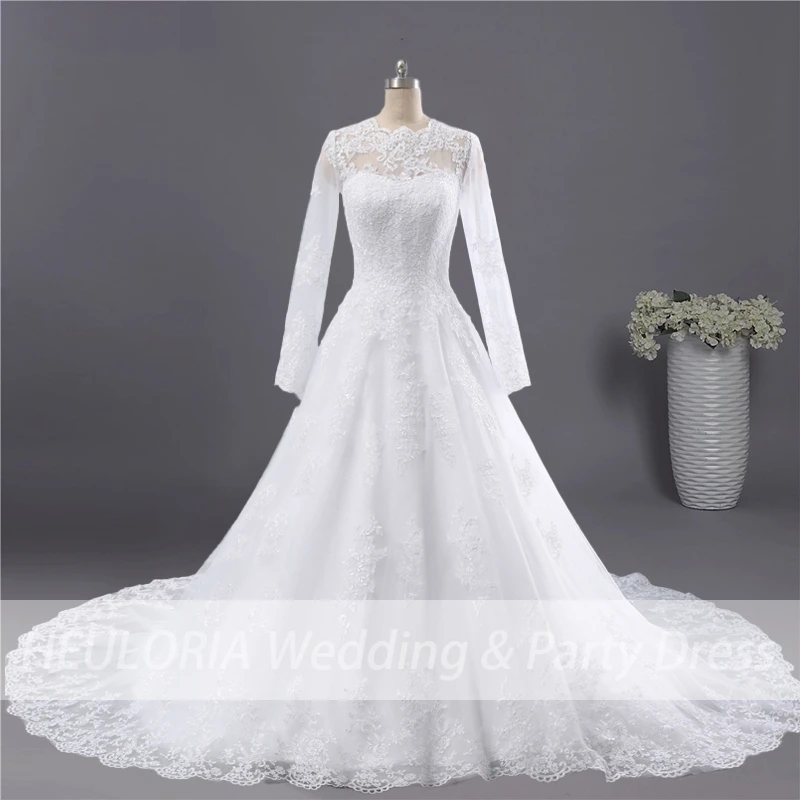 Женское свадебное платье с кружевной вышивкой круглым вырезом и длинным рукавом