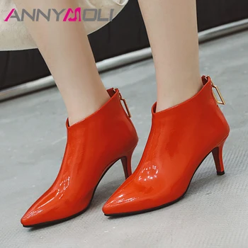 

ANNYMOLI Autumn Ankle Boots Women Patent Leather Crystal Thin High Heel Short Boots Zip Pointed Toe Shoes Ladies Winter Size 43