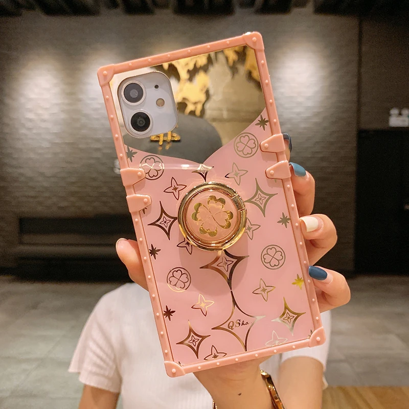 Luxury Square Cute Clover Pink Case For iPhone 12 11 Pro Max Soft Silicone Mirror Phone Cover For iPhone X XS Max XR 6S 7 8 Plus (11)