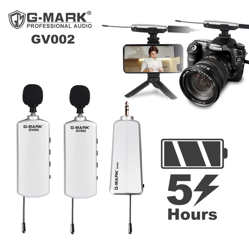 

G-MARK GV002 Wireless lavalier Microphone UHF for phone DSLR Camera Interview Live recording lithium battery 50m Wireless range