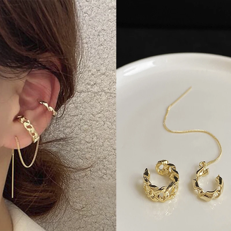 Pendientes de borlas con Clip para mujer, aretes de línea larga dorados, aros cruzados de circonia cúbica, Clip para oreja, regalo de joyería 2021