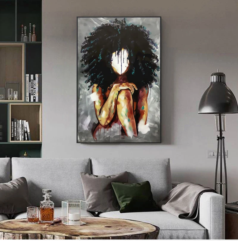 African black Woman Fluffy Hair Abstract Canvas Painting Posters and Print Wall Art Picture for Living Room Cuadros Home Decor | Дом и сад