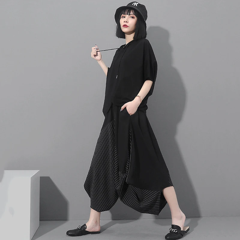 [EAM] High Elastic Waist Black Striped Split Long Harem Trousers New Loose Fit Pants Women Fashion Tide Spring Autumn 2020 1Z313