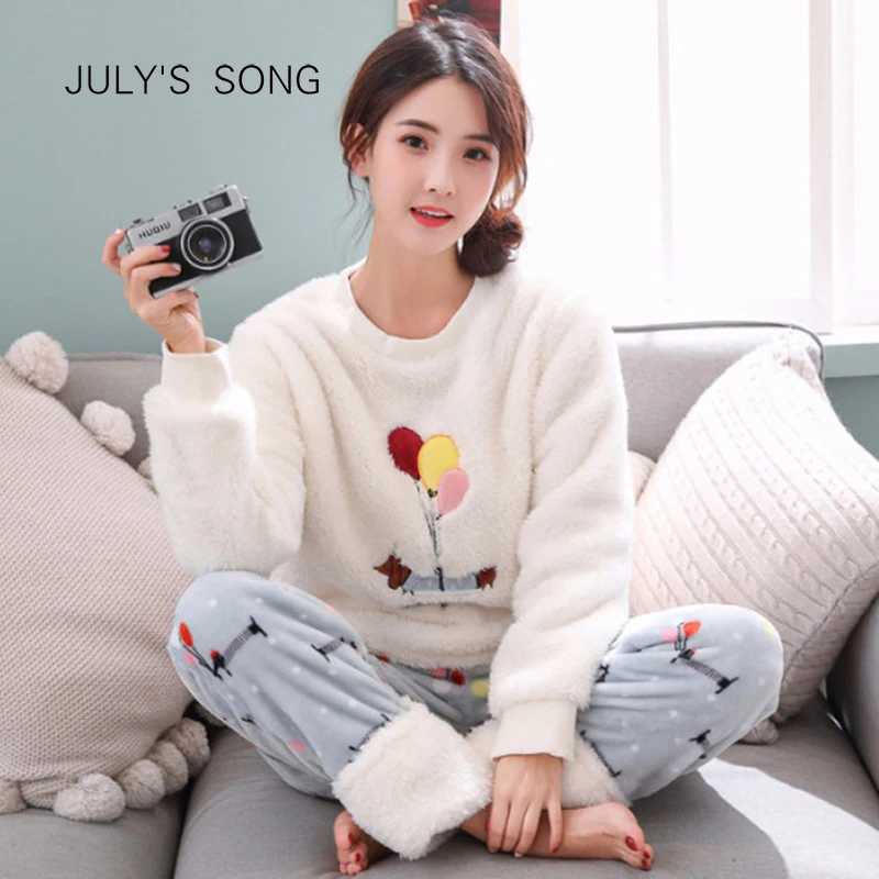 JULY'S SONG Фланелевая пижама с героями мультфильмов, комплект, Осень-зима, женская пижама, Толстая теплая Домашняя одежда, Милая Ночная рубашка, пижама