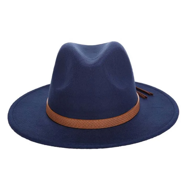 Deep blue Новая модная мужская шляпа Fedoras зима осень Имитация шерстяная Женская Дамская джазовая шляпа кожаный ремешок джентльмен с широкими полями шляпа Fedora панама - Цвет: Deep blue