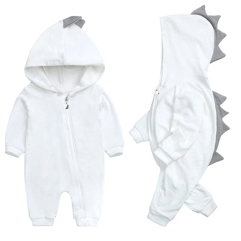 Spring Kids Tales Newborn Baby Romper Suit Solid Hooded Dino Boys Girls Romper Cotton Babywear 4 Colours