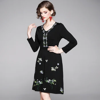 

Black embroidery dress autumn new temperament commuting long popular among show thin waist dress