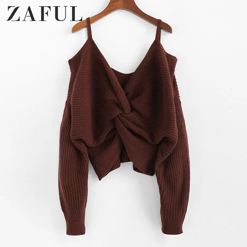 ZAFUL Twisted Cold Shoulder Jumper Sweater Women Pullovers 2019 Winter Warm Sexy Sweaters V-neck Solid Cotton Sweaters Female