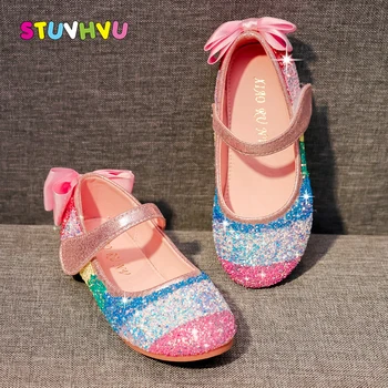 

Leather Girls Princess Shoes 2020 New Fashion Children Shoes Color Sequin Bow Wedding Party Girls High Heels Non-slip Kids Shoes