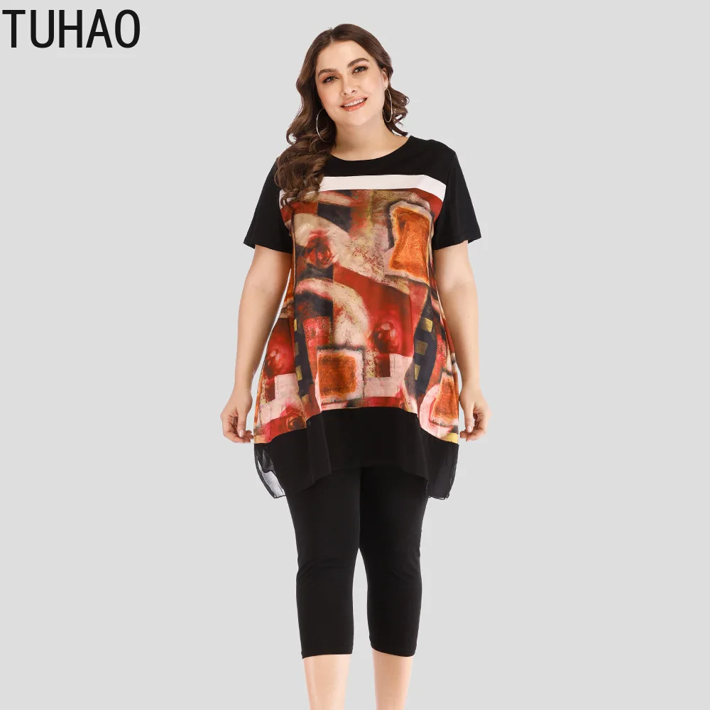 

TUHAO Women Sets Summer Splicing Print Medium-Lenth Shirt Pants Two-piece SUIT Pant Lady Suit Plus Size 5XL 4XL LW108