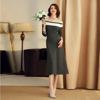 

Women Autumn Knitted Sweater Dress Sexy Slash Neck Slim Bodycon 3/4 Sleeve Party Midi Dress White Grey Stitch Long Swing Vestido