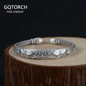 

Real Pure 990 Sterling Silver Bangles For Women Lotus Engraved Opening Type Mantra Six Words Tibetan Buddhism Jewelry