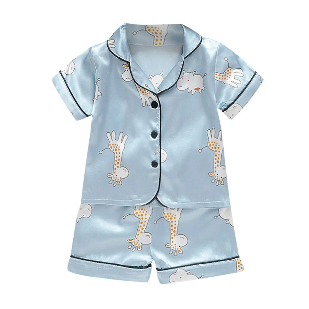 Летние детские пижамы с персонажами из мультфильмов из искусственного шёлка одежда для сна детские пижамы для мальчиков с рисунком из мультфильма Нижнее белье для девочек Костюмы Детские костюмы: футболка+ шорты, 2 шт.# p4 - Цвет: Небесно-голубой