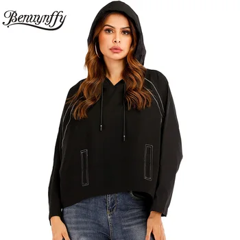 

Benuynffy Batwing Sleeve Women Hoodie Sweatshirt Autumn Black Hooded Long Sleeve Oversized Hoodie Female Casual High Low Hoodies
