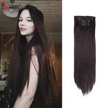 Leeons 16Clips In Hair Extension 22Inch Long Straight Synthetic Hair Extensions Clip In Wedding Hairstyle For Women Ombre Brown