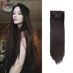 Leeons 16Clips In Hair Extension 22Inch Long Straight Synthetic Hair Extensions Clip In Wedding Hairstyle For Women Ombre Brown