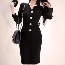 Elegant Slim Chic Office Lady Dress Runway Designer New Women Spring V-neck Long Sleeve Black Sheath Dress Ka275