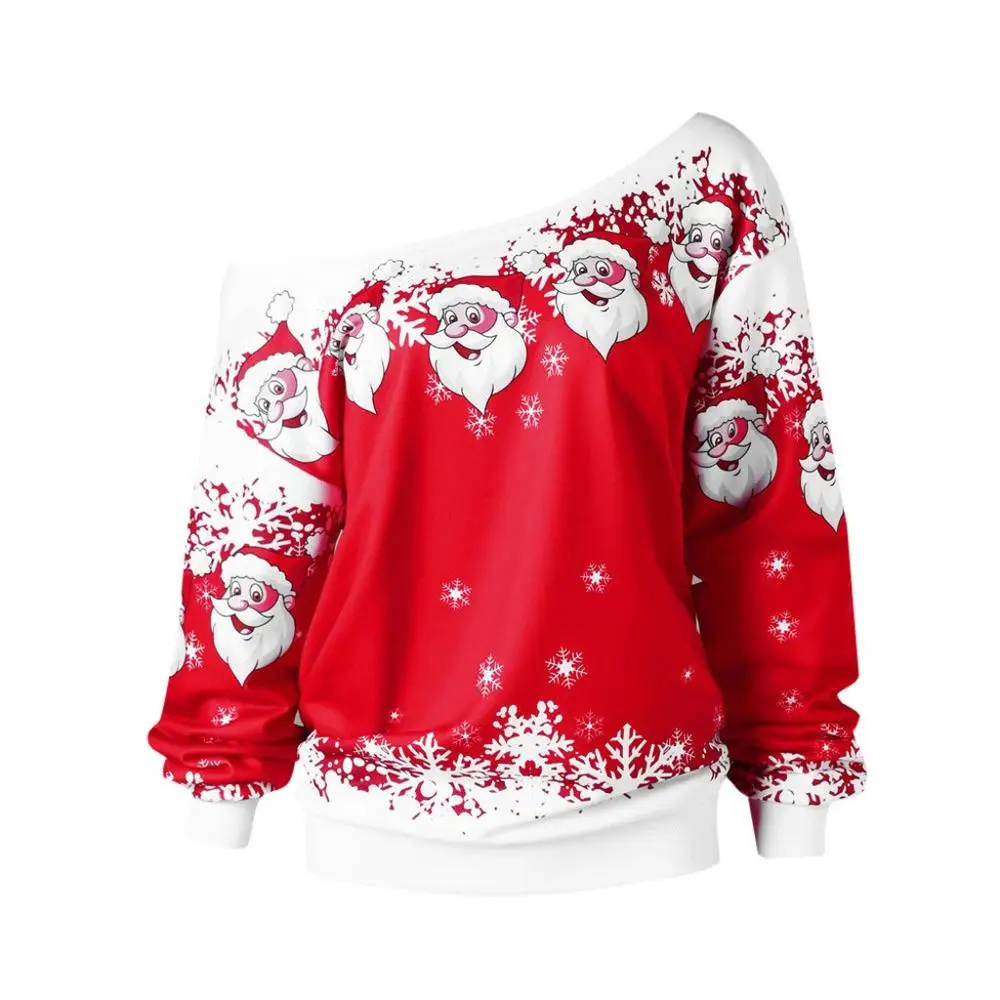 Christmas Blouse Plus Size Womens Santa Claus Print Long Sleeve Skew Collar Tunic Women Autumn Blouse Tops blusa feminina#3F - Цвет: Красный