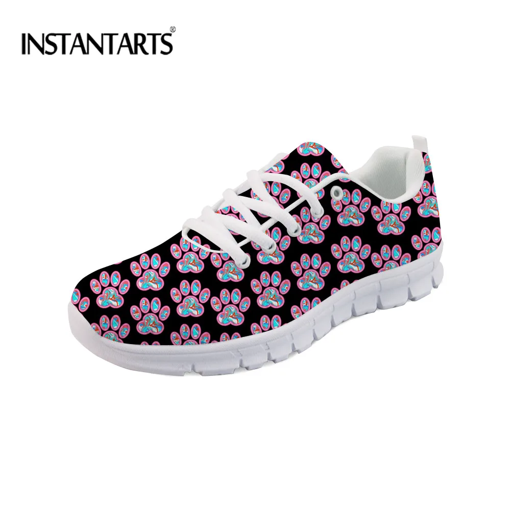 

INSTANTARTS Cute Cartoon Cat Paw Air Mesh Flats Shoes Woman Breathable Lace Up Sneakers Lightweight Vulacnized Shoes for Ladies