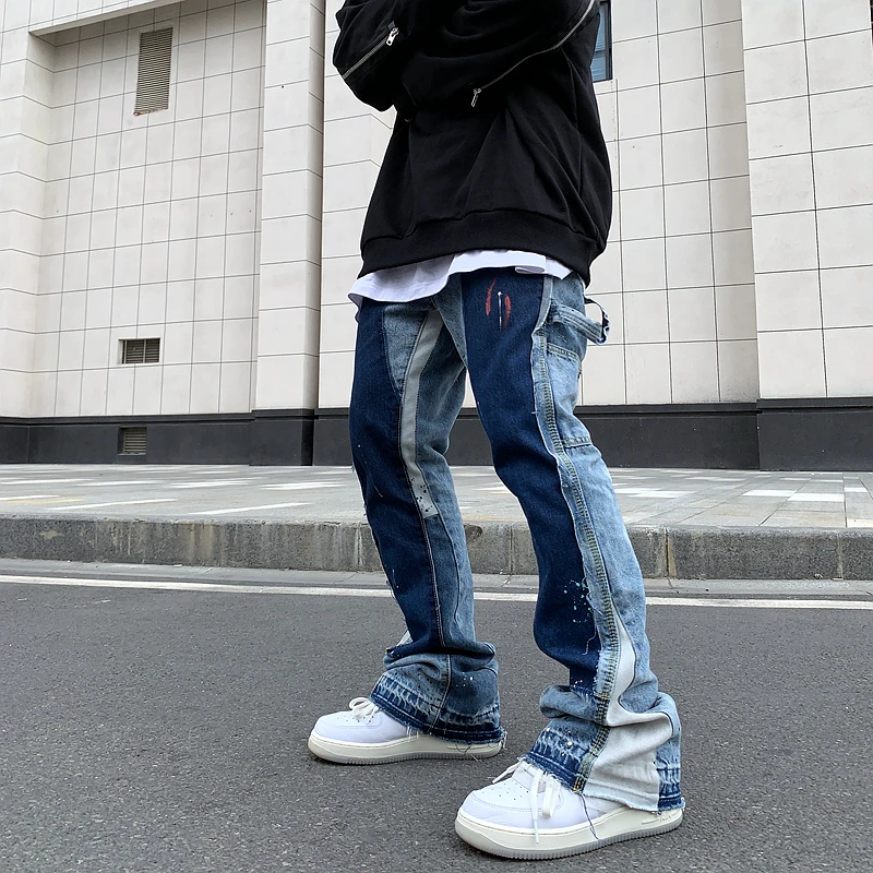 

Vintage Distressed Splash Ink Flare Jeans Mens Streetwear Patchwork Hip Hop Graffiti Heavy Wash Blue Slim Fit Denim Pants Men