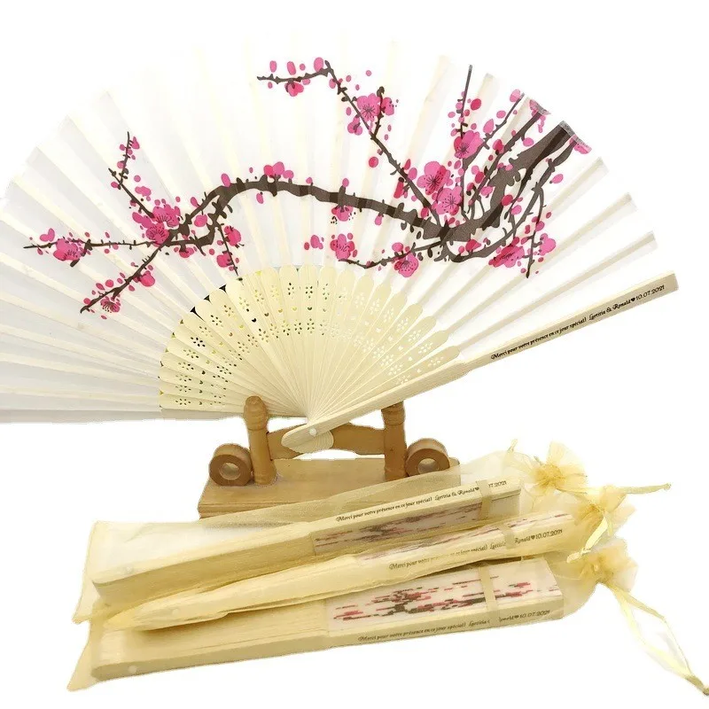 

20/30PCS Customized Wedding Cherry Blossom Fan in Organza Bag Custom Printing Name and Date Plum Blossom Folding Hand Fan