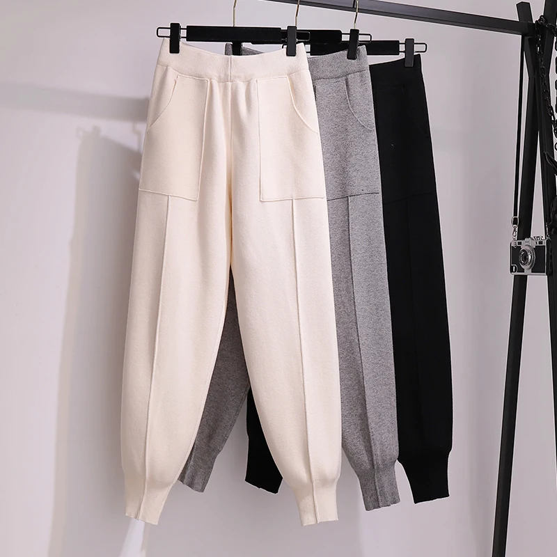 plus size spring autumn winter women clothes vintage skinny ladies high waisted knitted wide-legged pants female K0485