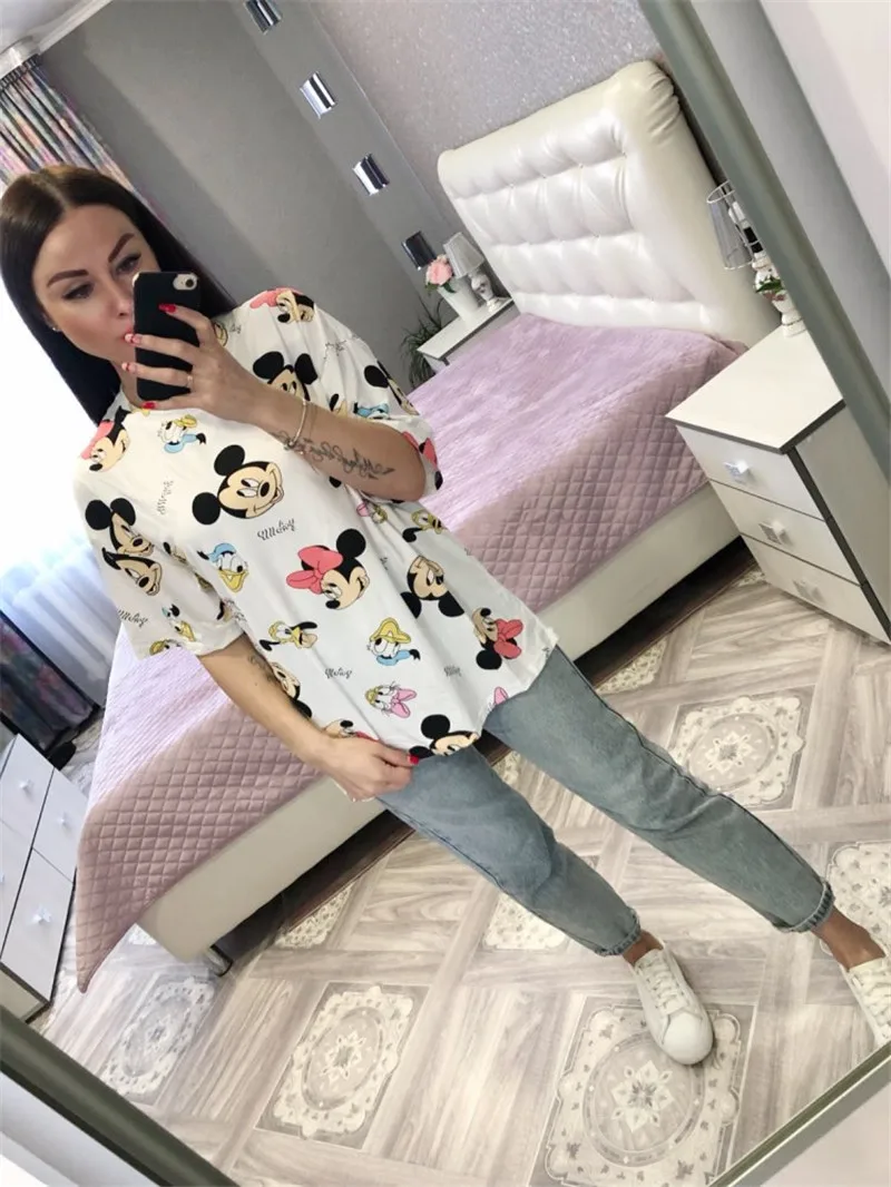 GCAROL 2020 Spring Summer Women Cartoon T-shirt Oversized Graphic Stripes Graffiti Long Tees Multi-design harajuku Tops